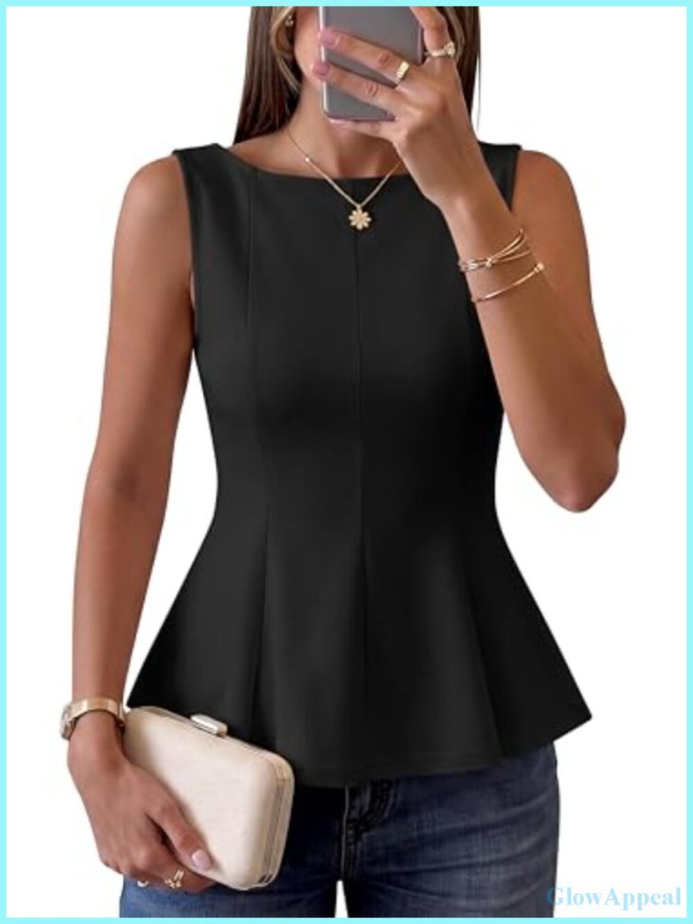 Sleeveless Peplum Top Business Casual Slim Fit Boat Neck Tank